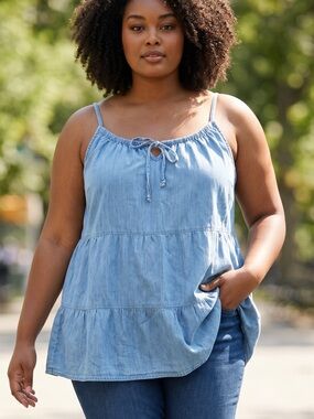 Old Navy Light Blue Chambray Tie-Front Tiered Cami